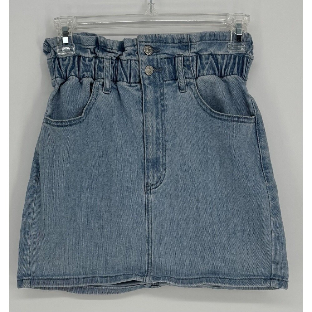 GUESS Girls Size 8 Denim Mini Skirt Light Wash Paperbag Elastic Waist 23-28”